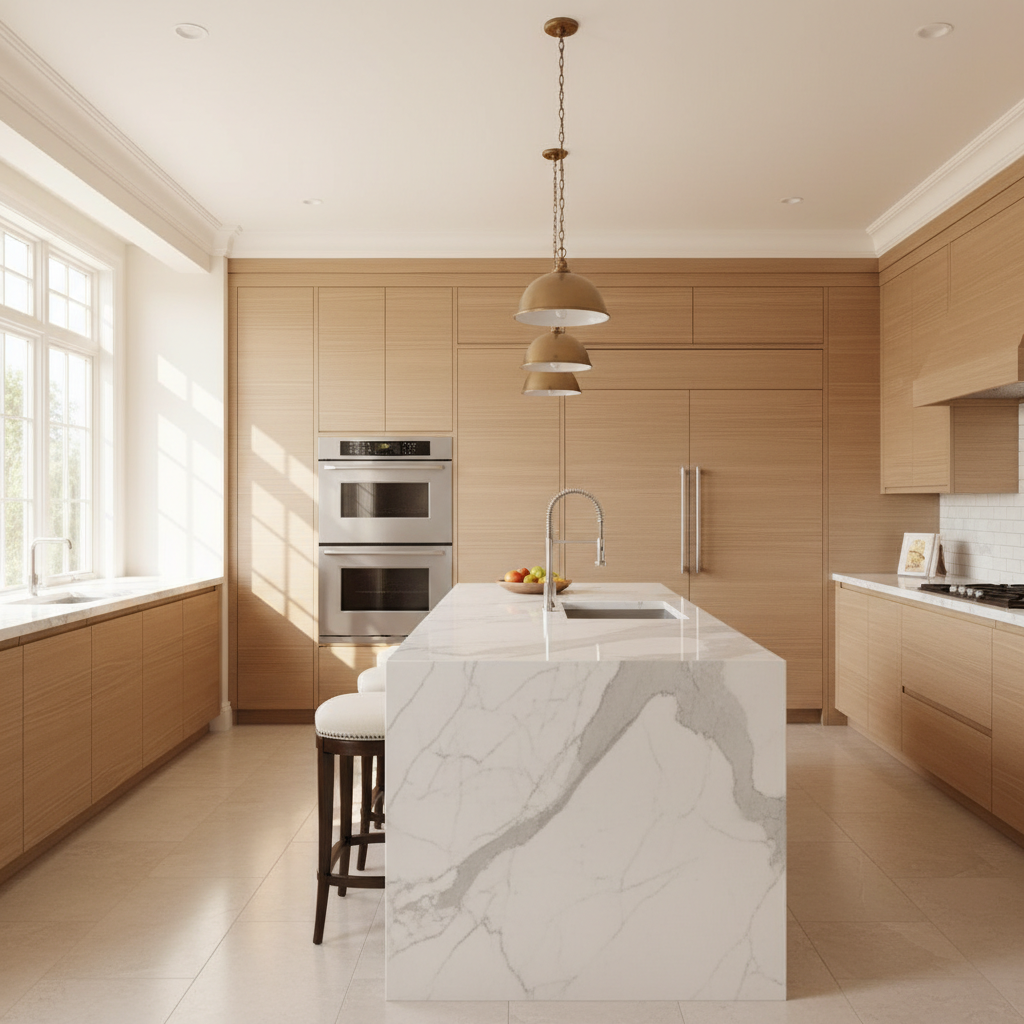Bright upscale kitchen with integrated Viking-style appliances